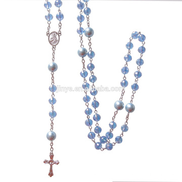 Collar de rosario cruzado católico de la oración cristalina azul de la manera Bling Bling